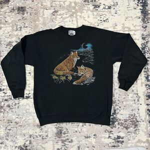 Vintage Sweater 90s 1991 Print Foxes Nature Moon Sweat Shirt Lee Sz XL Cotton